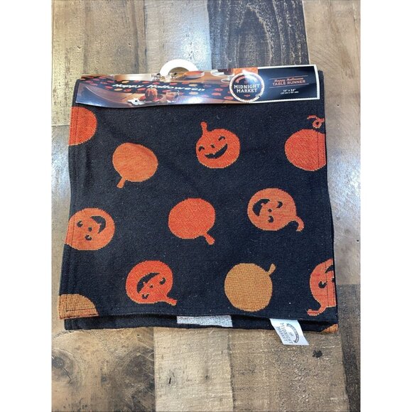 Midnight Market Halloween Table Runner Orange Pumpkins 13x54 - Picture 1 of 5